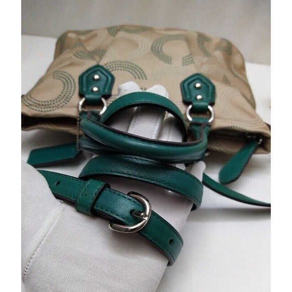 Coach Signature Brown Canvas Teal Leather Trim Zipper Satchel Crossbody Bag - Picture 5 of 14